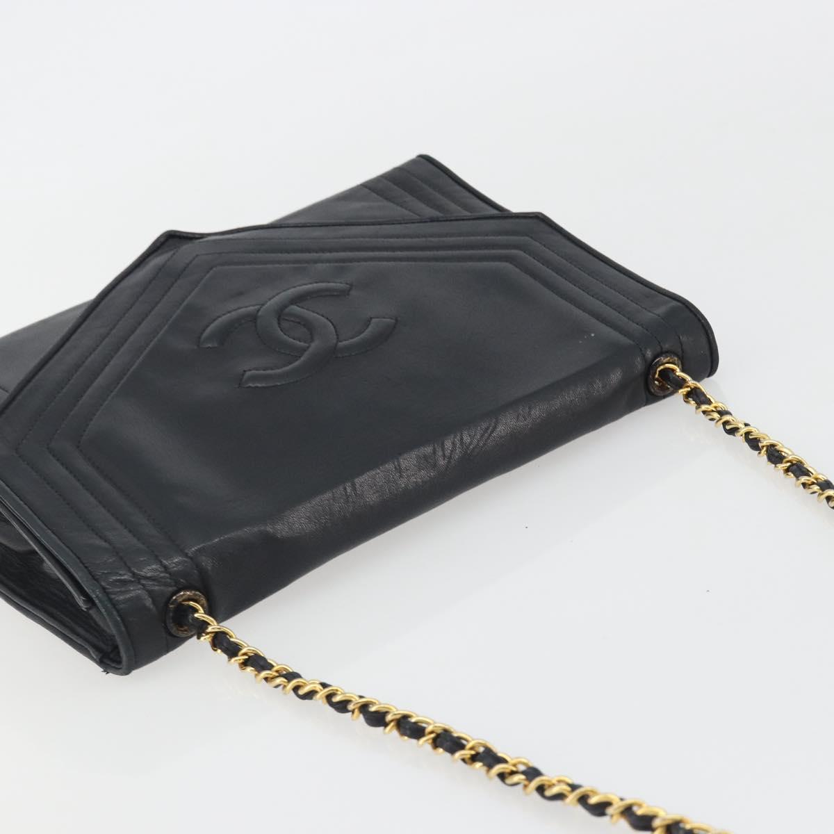 CHANEL V Stitch Chain Shoulder Bag Lamb Skin Black Gold CC Auth 192608A