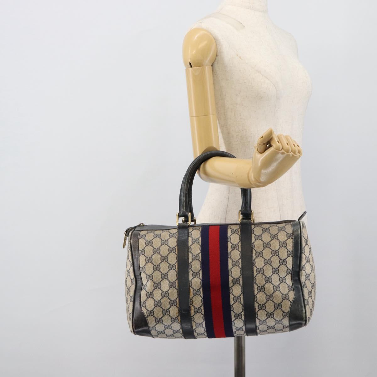 GUCCI GG Supreme Sherry Line Boston Bag PVC Navy Gold Auth 192619