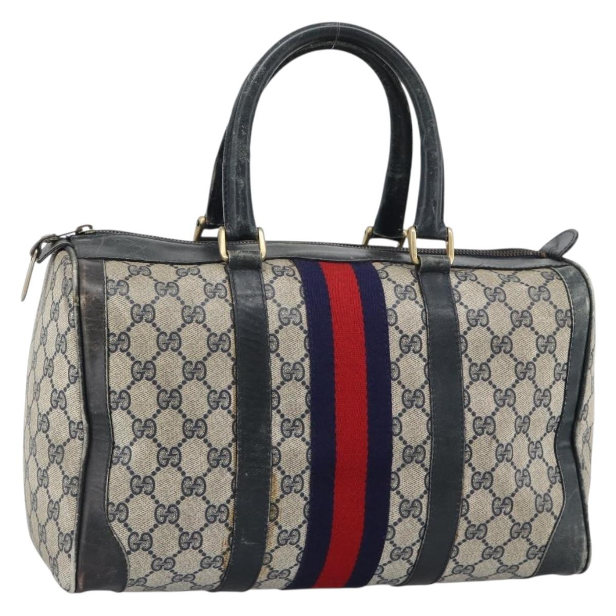 GUCCI GG Supreme Sherry Line Boston Bag PVC Navy Gold Auth 192619