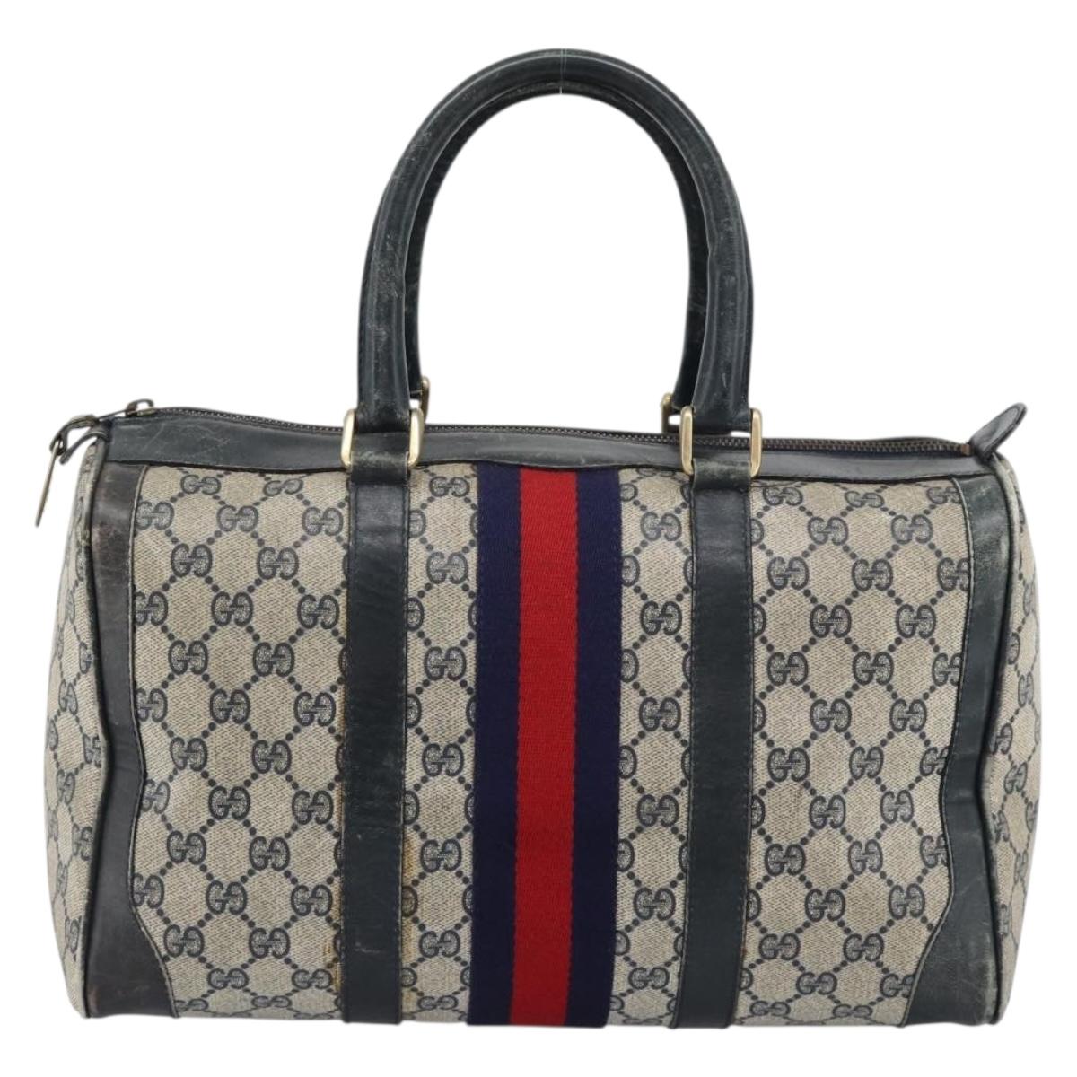 GUCCI GG Supreme Sherry Line Boston Bag PVC Navy Gold Auth 192619