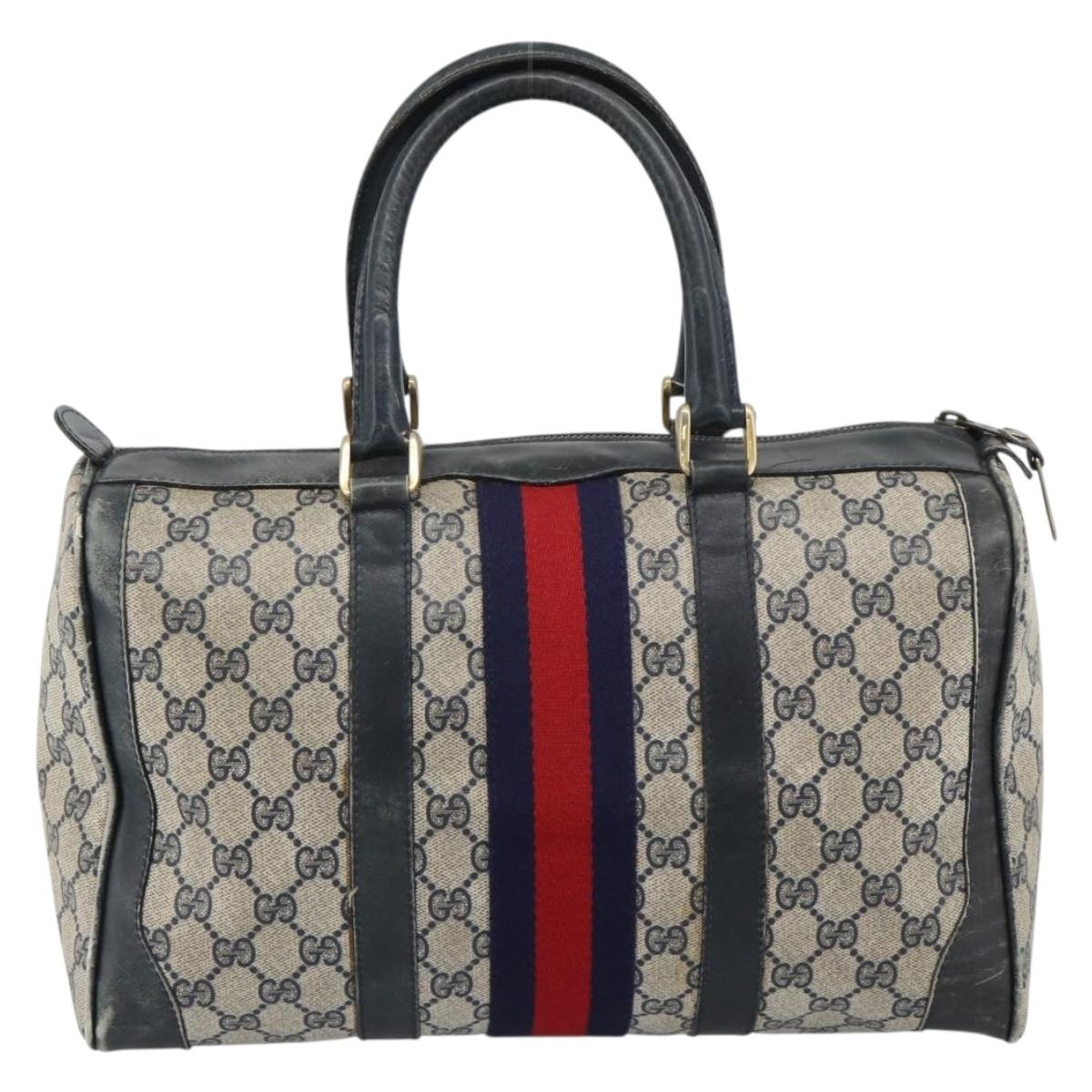 GUCCI GG Supreme Sherry Line Boston Bag PVC Navy Gold Auth 192619