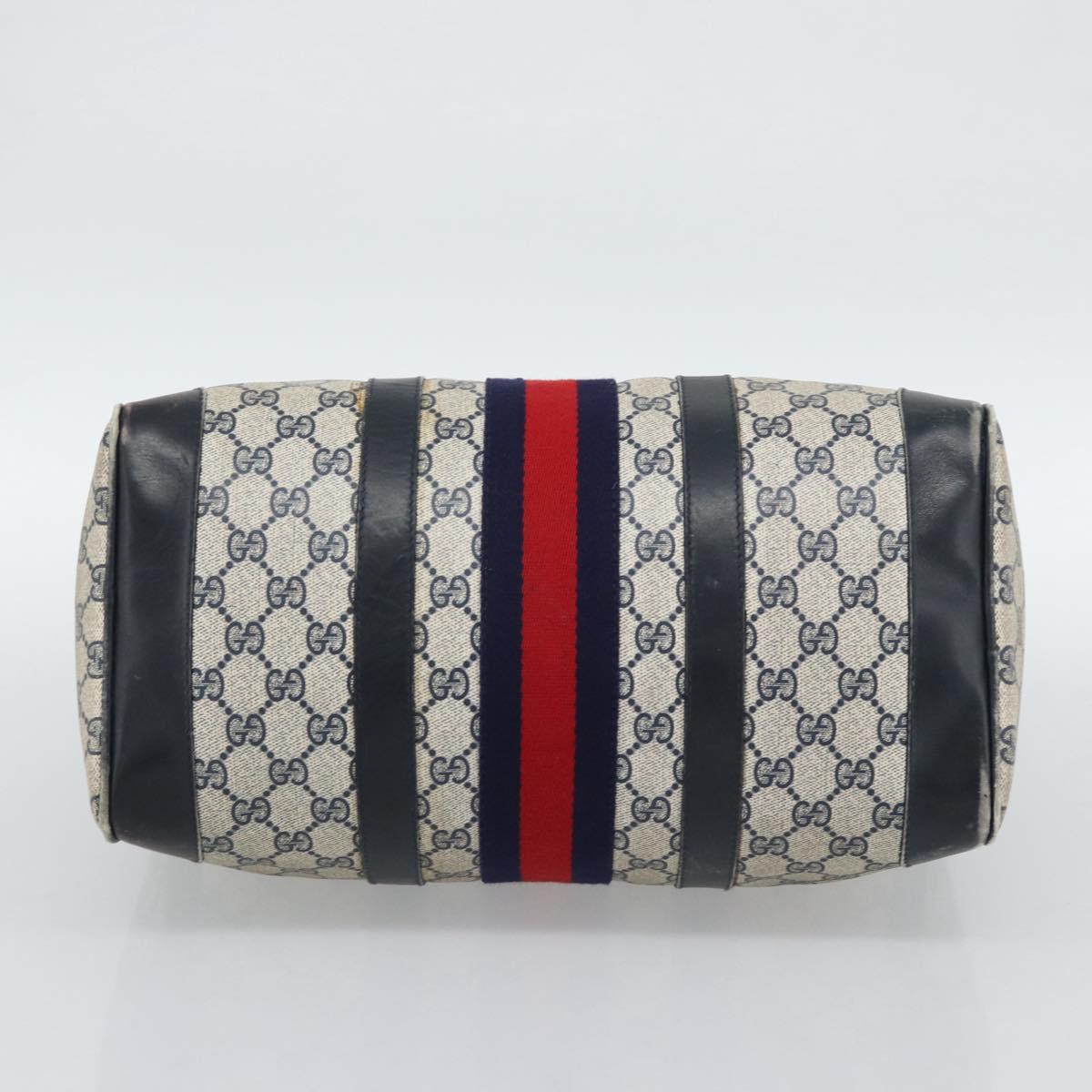 GUCCI GG Supreme Sherry Line Boston Bag PVC Navy Gold Auth 192619