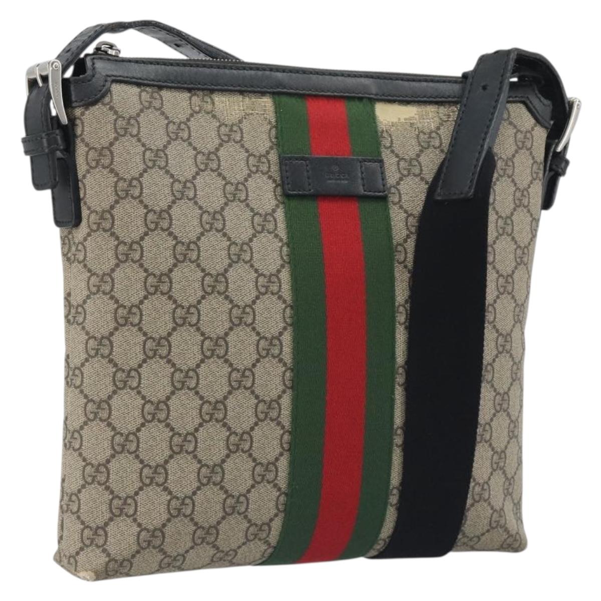 GUCCI GG Supreme Web Sherry Line Shoulder Bag Beige Silver 337111 Auth 192620