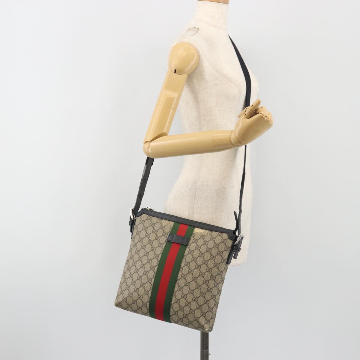GUCCI GG Supreme Web Sherry Line Shoulder Bag Beige Silver 337111 Auth 192620