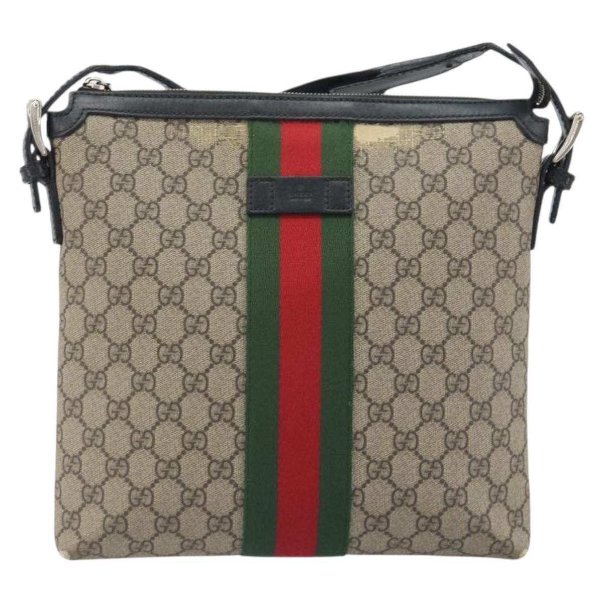 GUCCI GG Supreme Web Sherry Line Shoulder Bag Beige Silver 337111 Auth 192620