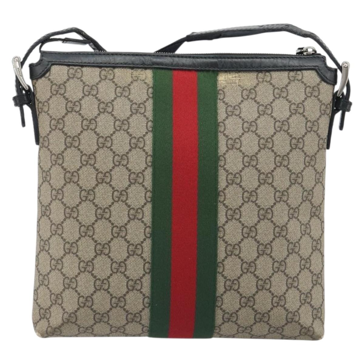 GUCCI GG Supreme Web Sherry Line Shoulder Bag Beige Silver 337111 Auth 192620