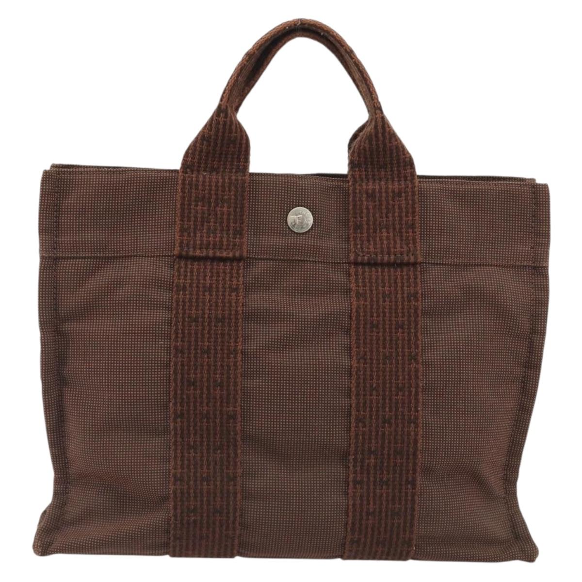 HERMES Her Line PM Hand Bag Canvas Brown Silver Auth 192649A