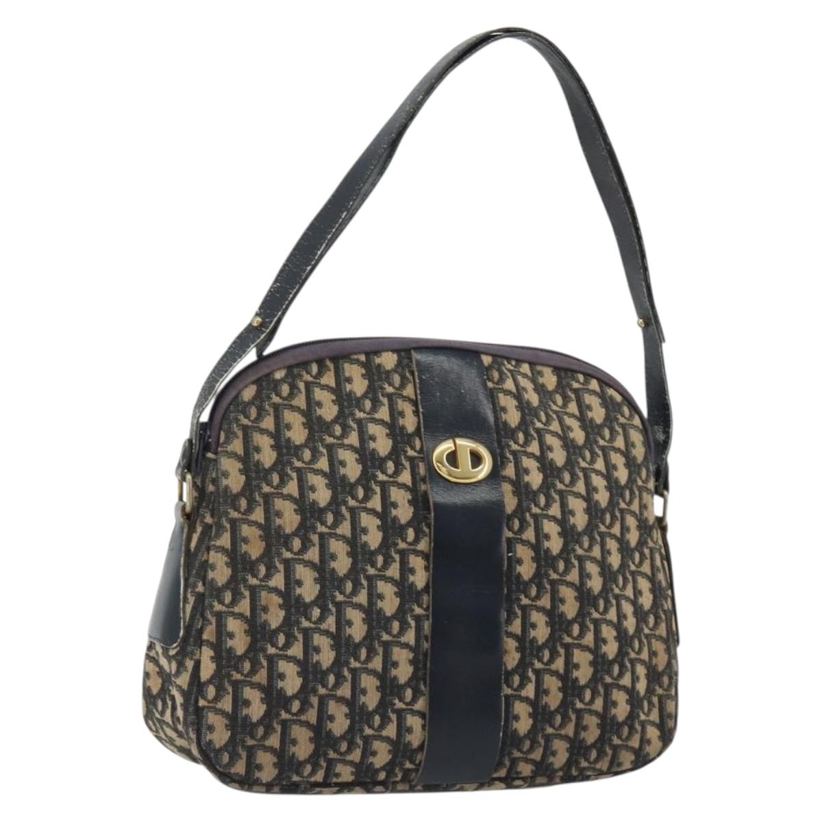 Christian Dior Trotter Canvas Shoulder Bag Navy Gold Auth 192650