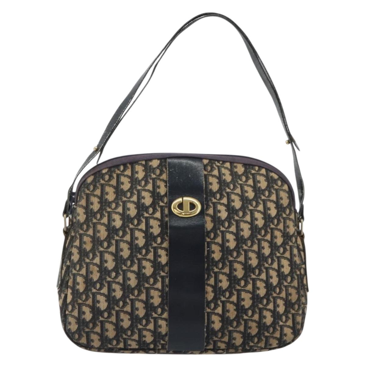 Christian Dior Trotter Canvas Shoulder Bag Navy Gold Auth 192650