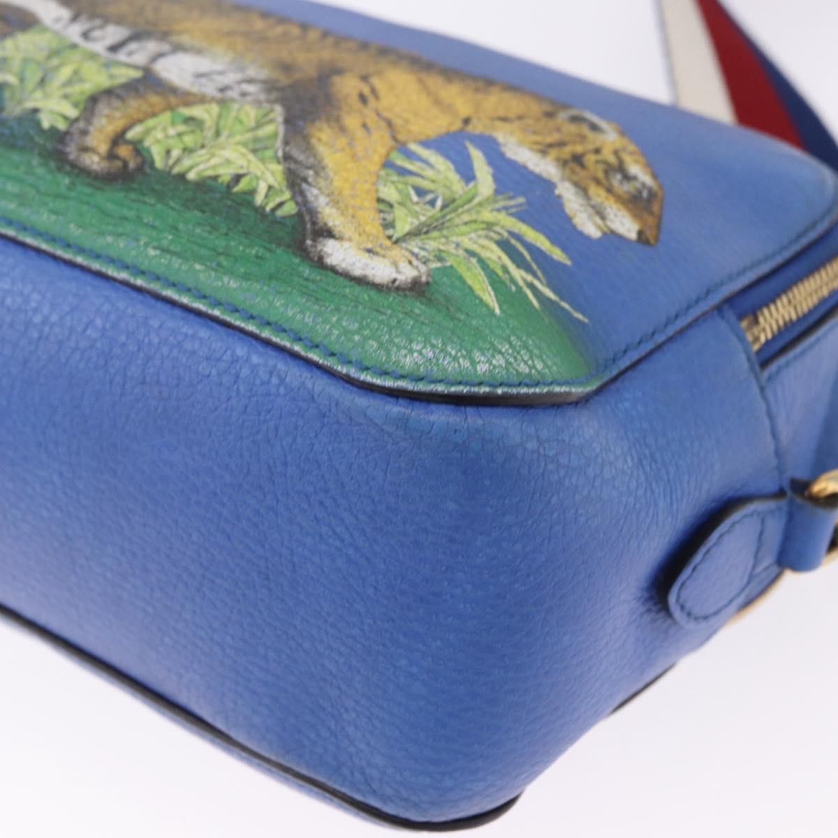 GUCCI Tiger Pattern Hand Bag Leather 2way Blue Gold 453565 Auth 192658A