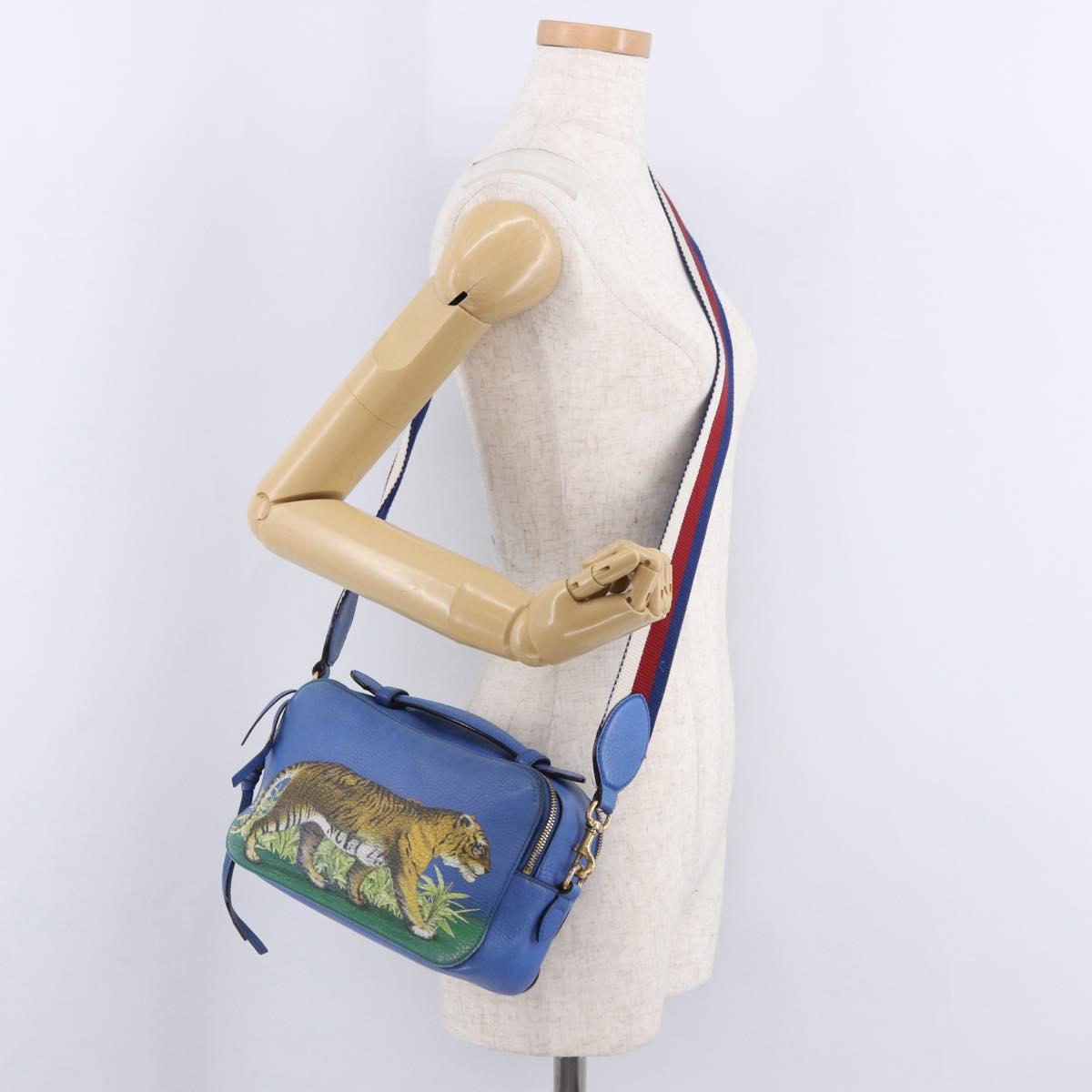 GUCCI Tiger Pattern Hand Bag Leather 2way Blue Gold 453565 Auth 192658A