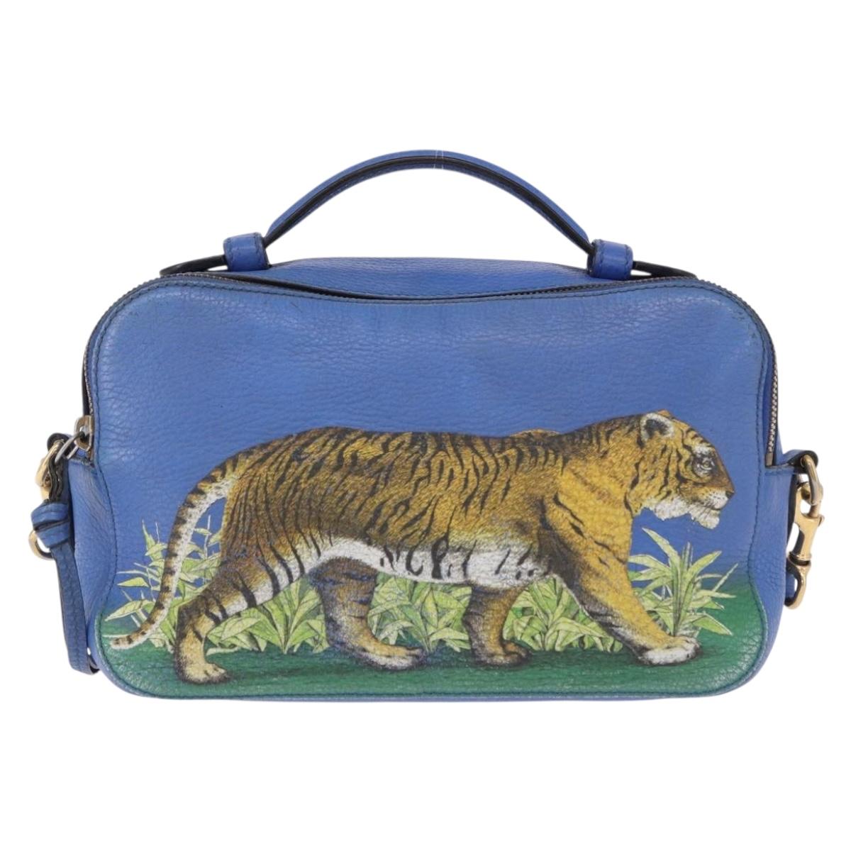 GUCCI Tiger Pattern Hand Bag Leather 2way Blue Gold 453565 Auth 192658A