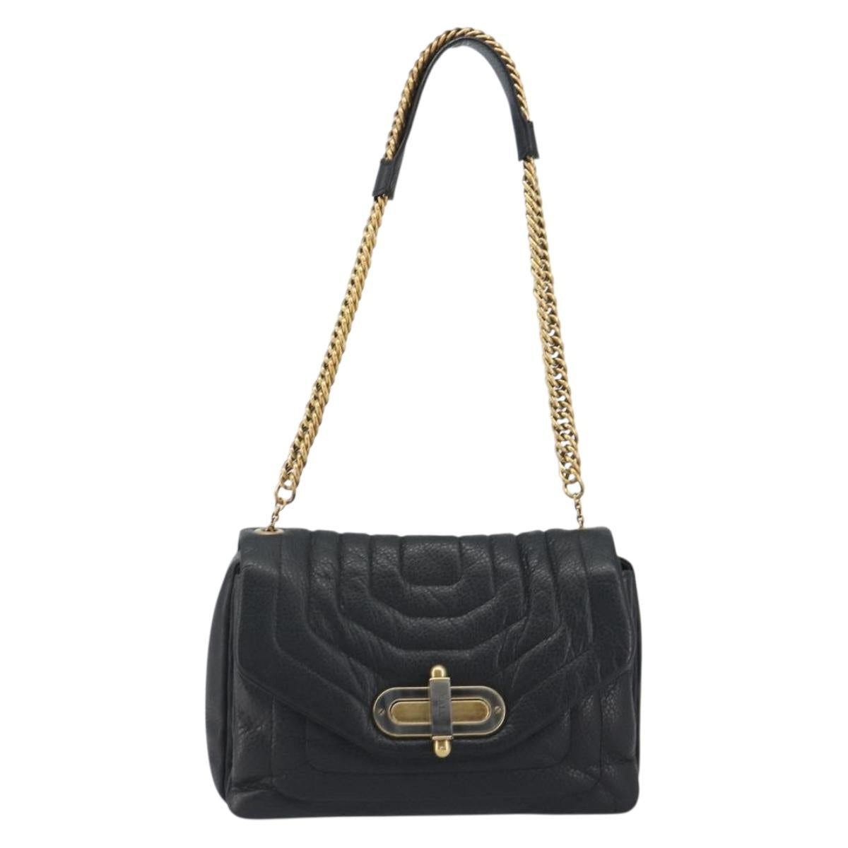 BALLY Chain Shoulder Bag Leather Black Gold Auth 192659A
