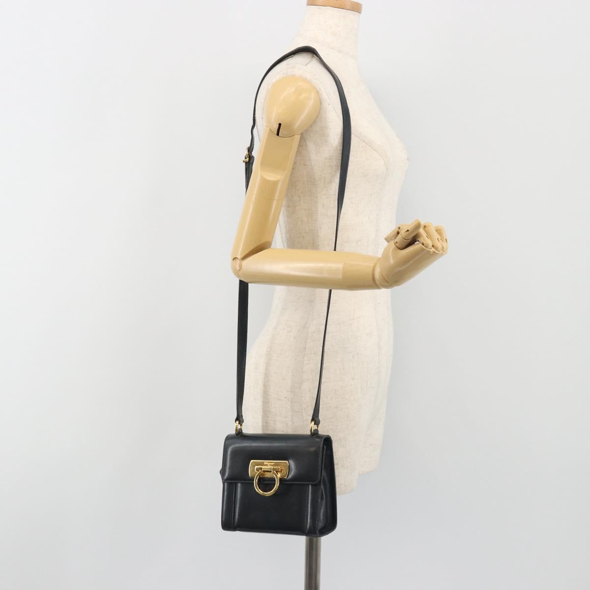 Salvatore Ferragamo Gancini Shoulder Bag Leather Navy Gold Auth 192665