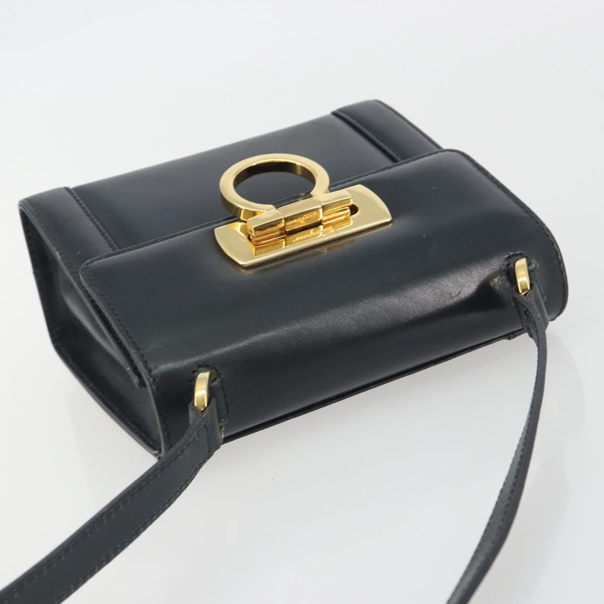 Salvatore Ferragamo Gancini Shoulder Bag Leather Navy Gold Auth 192665
