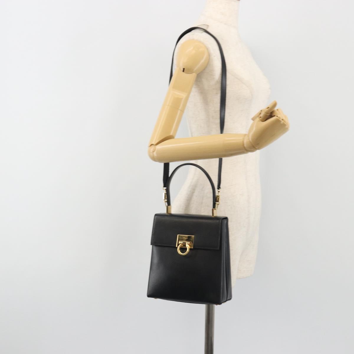 Salvatore Ferragamo Gancini Hand Bag Leather 2way Black Gold Auth 192668