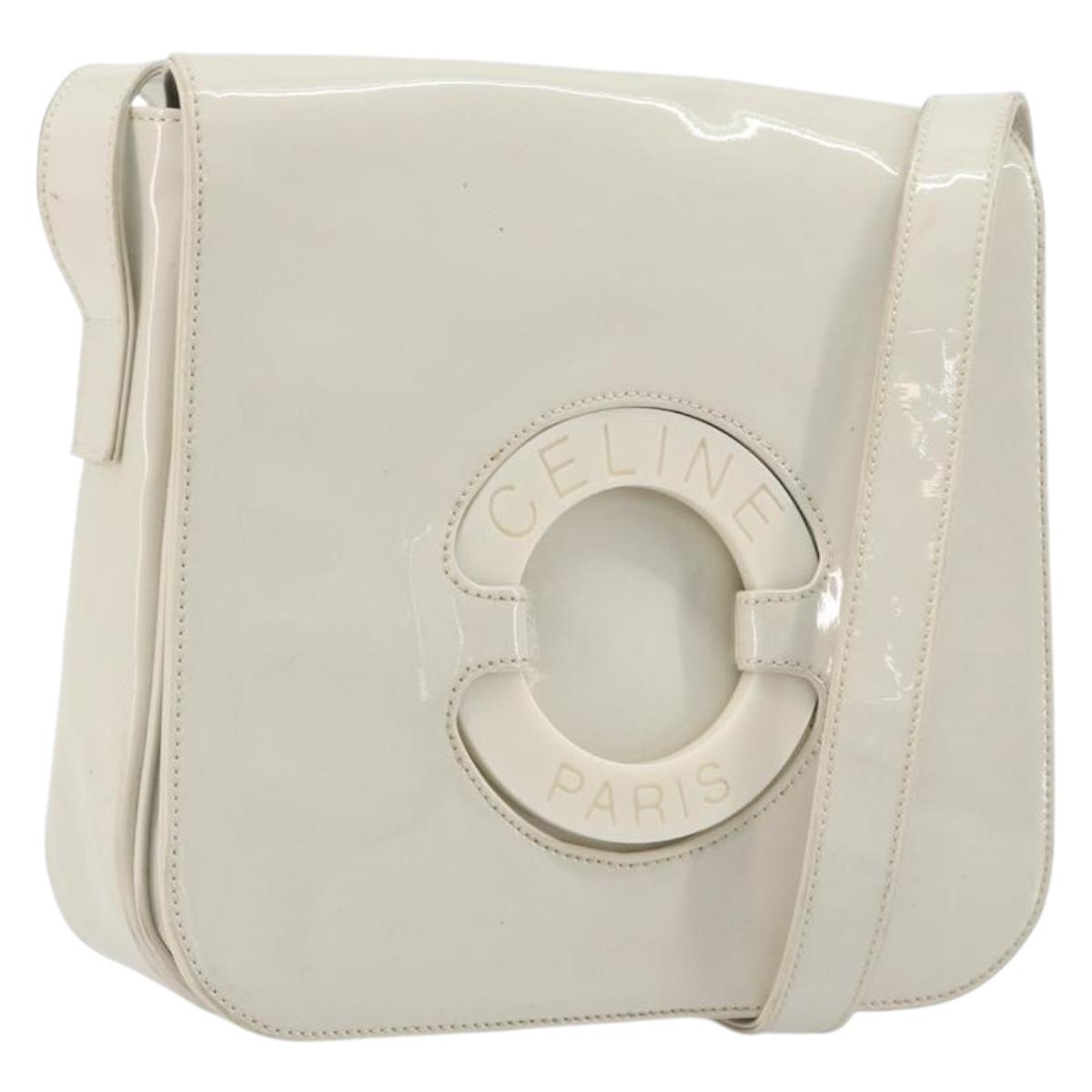 CELINE Circle Shoulder Bag Patent Leather Ivory Silver Auth 192674