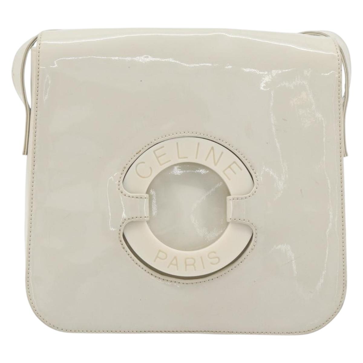 CELINE Circle Shoulder Bag Patent Leather Ivory Silver Auth 192674