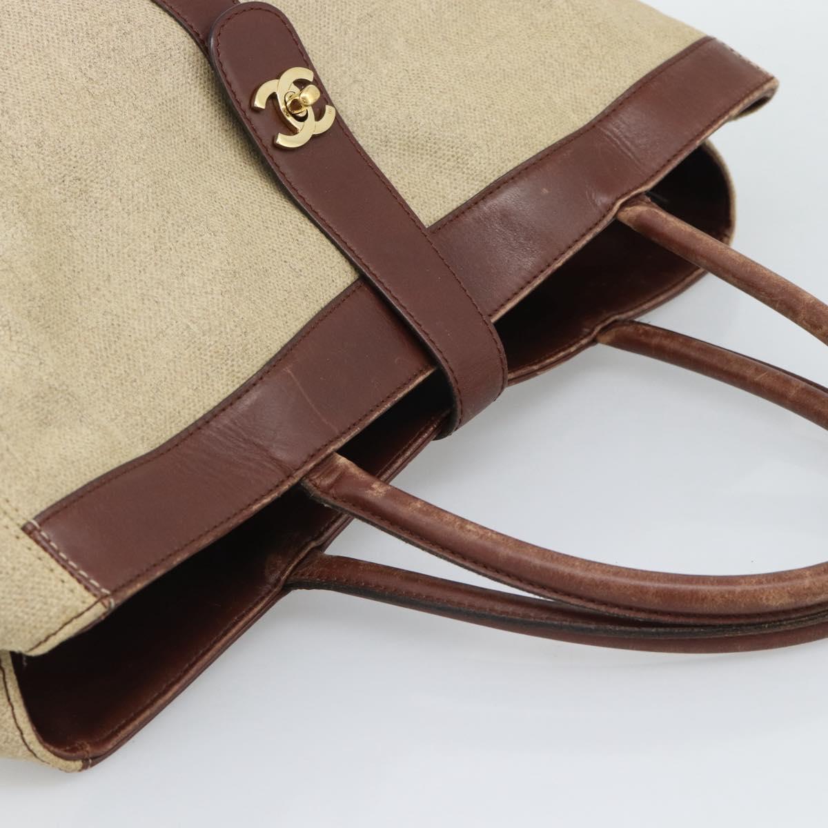 CHANEL Tote Bag Coated Canvas Beige Gold CC Auth 192678