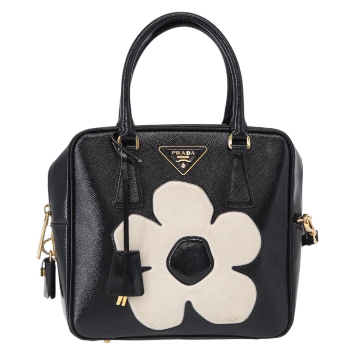 PRADA Hand Bag Saffiano leather 2way Black Gold Tone Auth 192692A