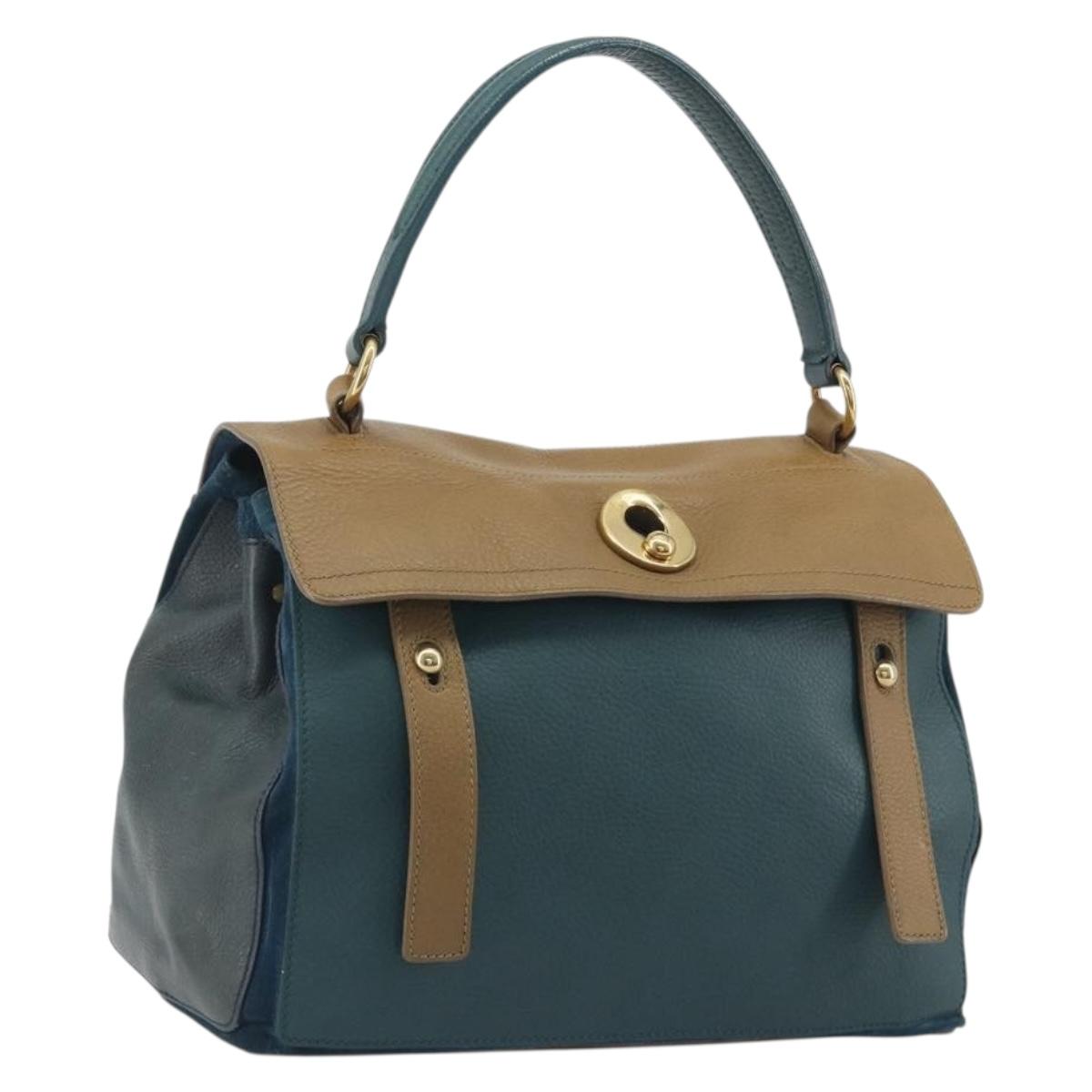 SAINT LAURENT Hand Bag Leather Navy Beige 197149 Auth 192695A