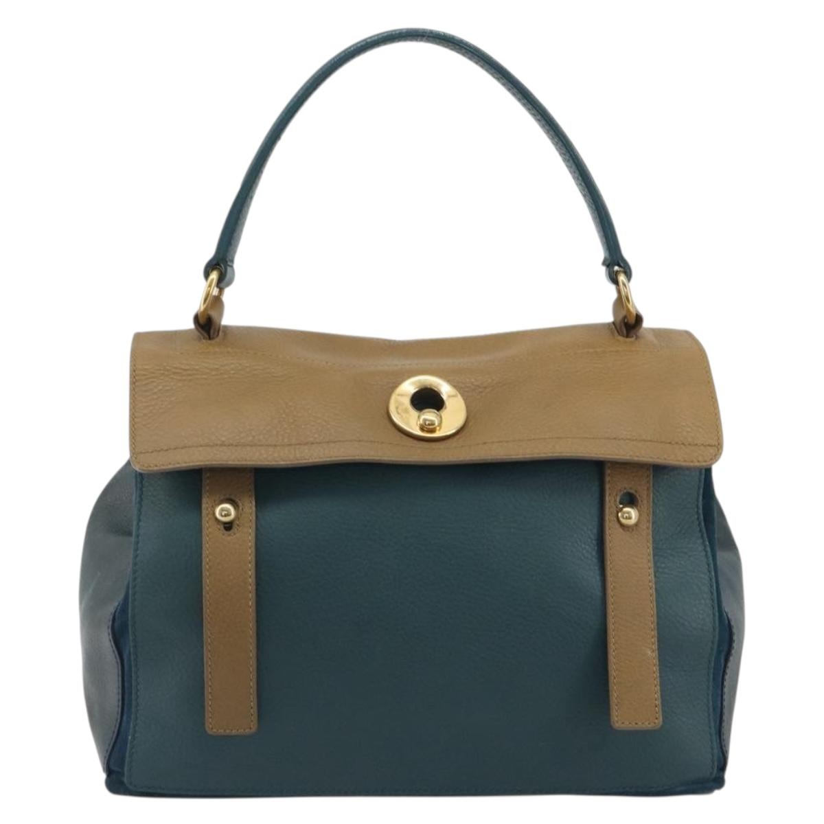 SAINT LAURENT Hand Bag Leather Navy Beige 197149 Auth 192695A
