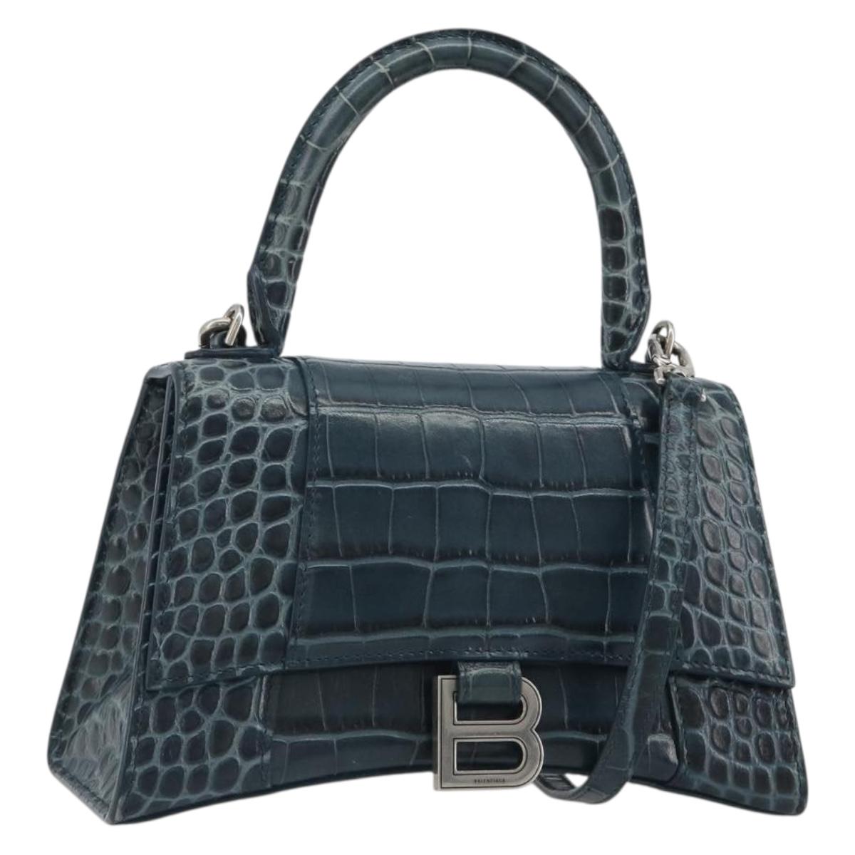 BALENCIAGA Hour Hand Bag Leather 2way Navy Silver 593546 Auth 192706M