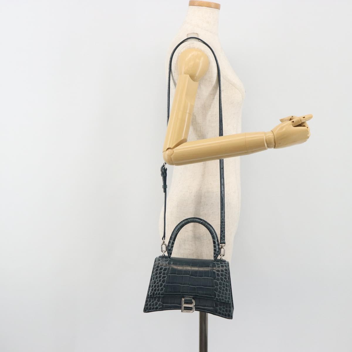 BALENCIAGA Hour Hand Bag Leather 2way Navy Silver 593546 Auth 192706M