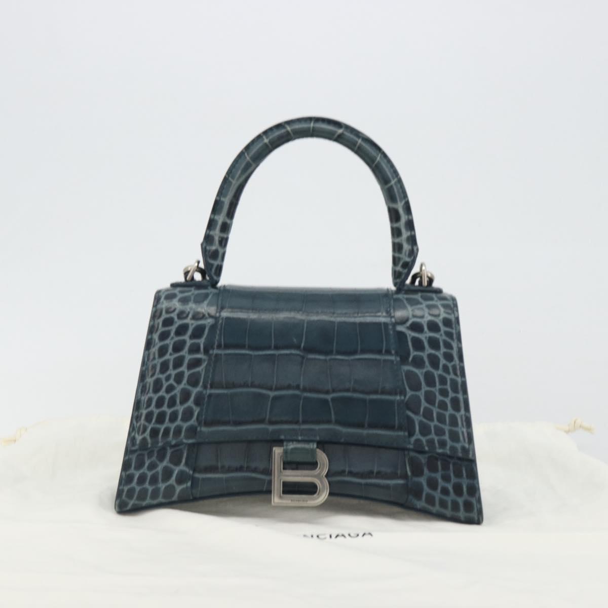 BALENCIAGA Hour Hand Bag Leather 2way Navy Silver 593546 Auth 192706M