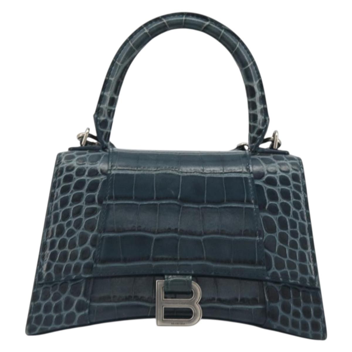 BALENCIAGA Hour Hand Bag Leather 2way Navy Silver 593546 Auth 192706M