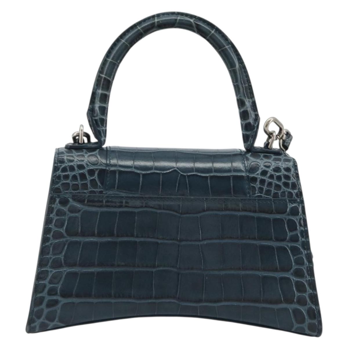 BALENCIAGA Hour Hand Bag Leather 2way Navy Silver 593546 Auth 192706M