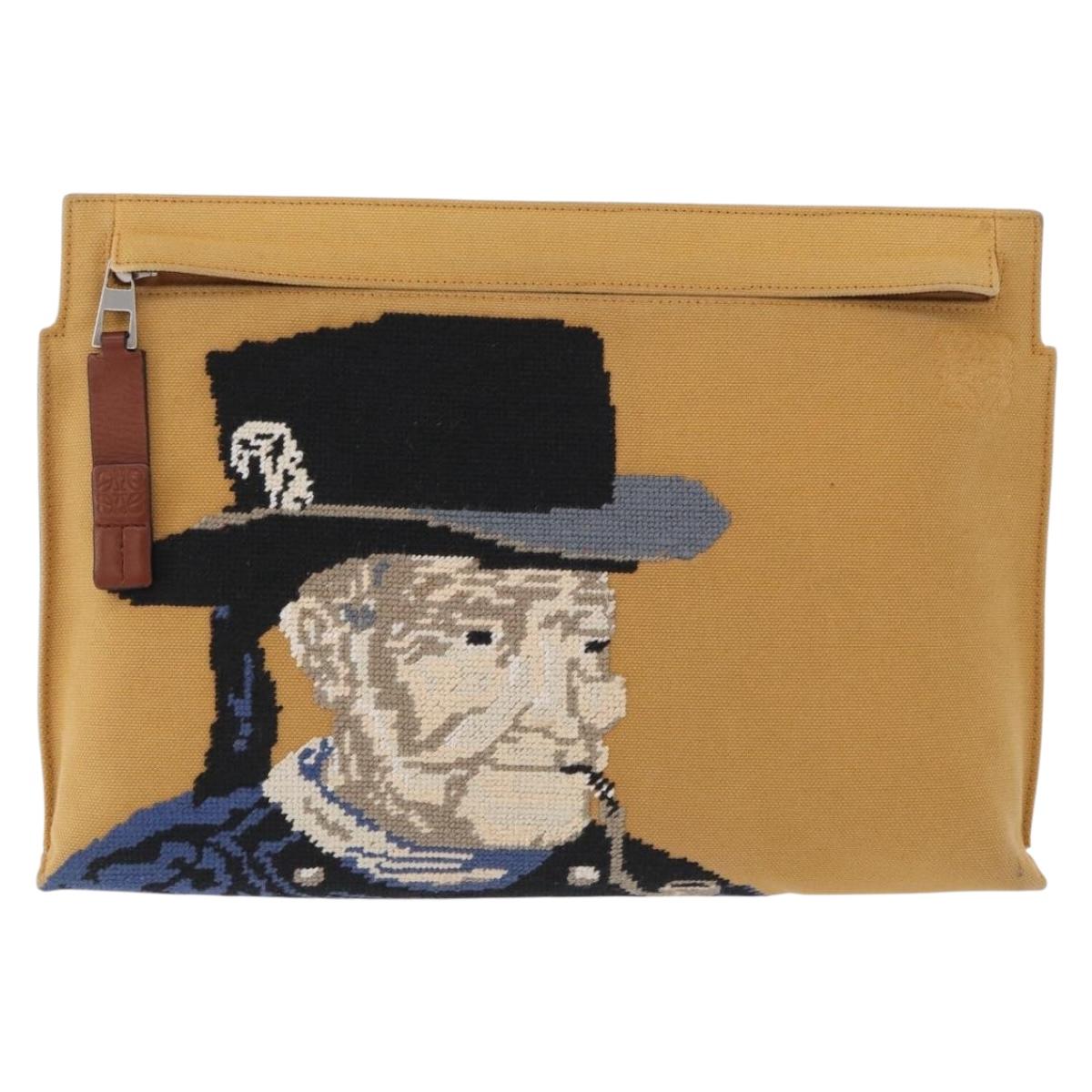 LOEWE Clutch Bag Canvas Brown Silver Auth 192707A