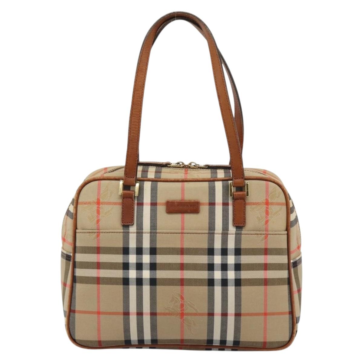 BURBERRY Nova Check Hand Bag Canvas Beige Gold Tone Auth 192718