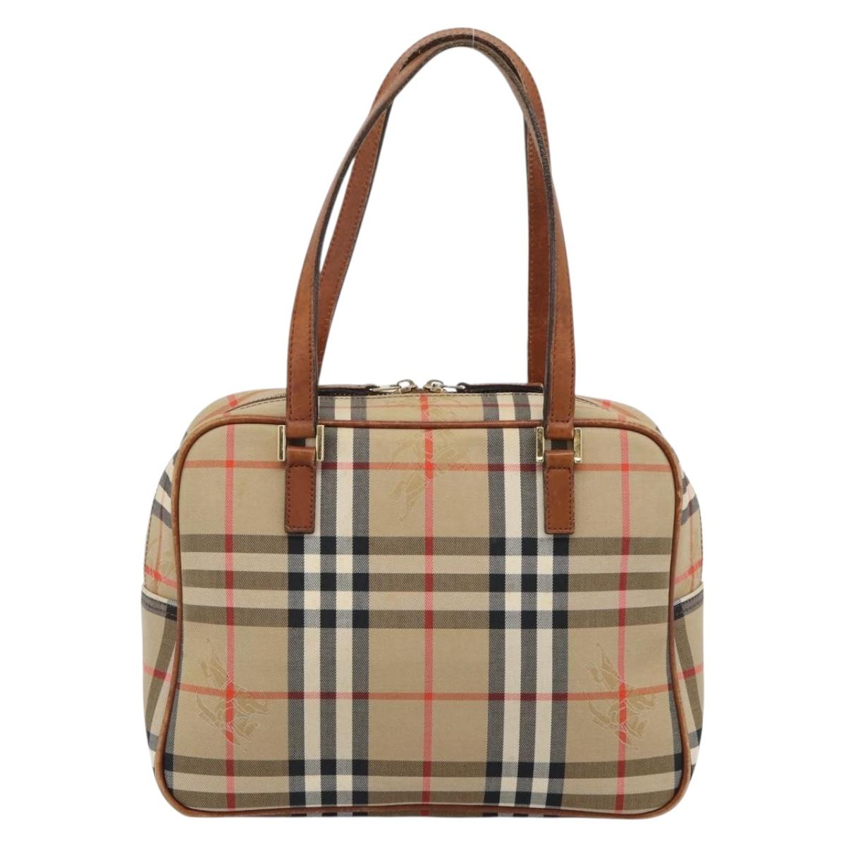 BURBERRY Nova Check Hand Bag Canvas Beige Gold Tone Auth 192718