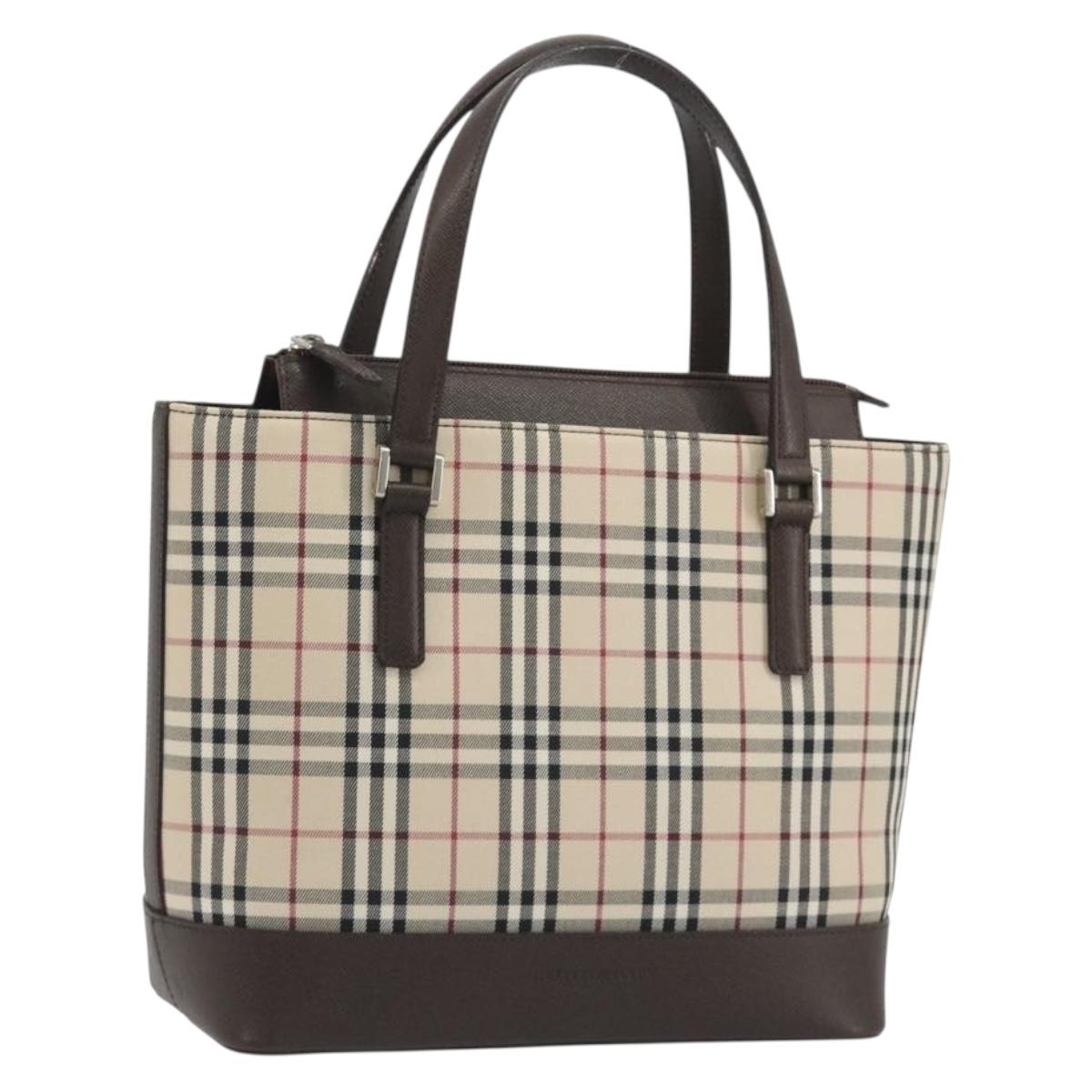 BURBERRY Nova Check Hand Bag Canvas Beige Silver Auth 192719V