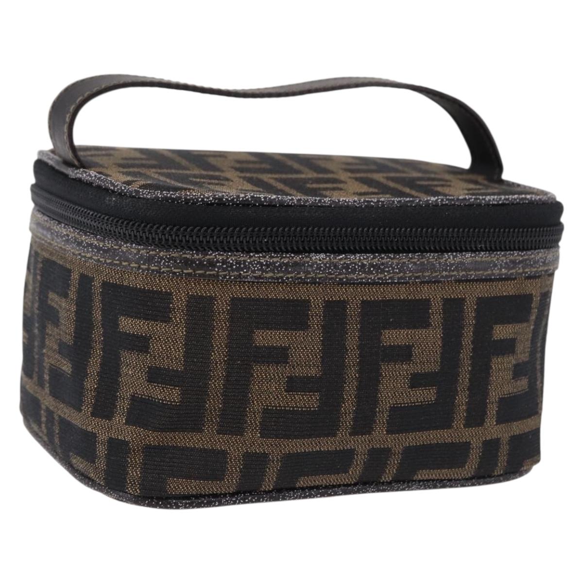FENDI Zucca Canvas Vanity Cosmetic Pouch Brown Gold Tone Auth 192727