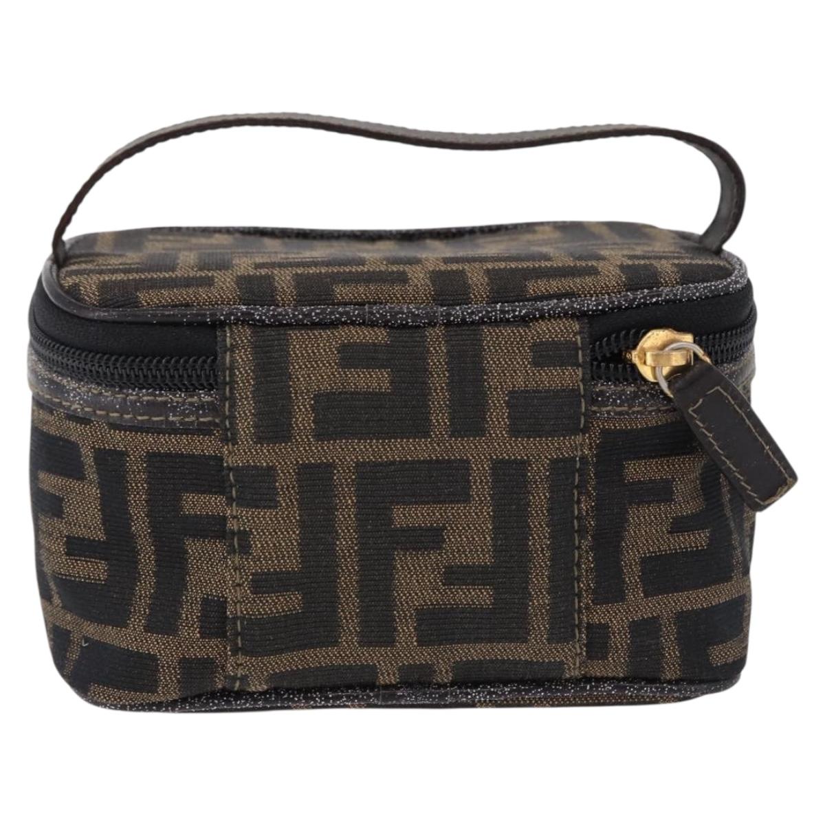 FENDI Zucca Canvas Vanity Cosmetic Pouch Brown Gold Tone Auth 192727