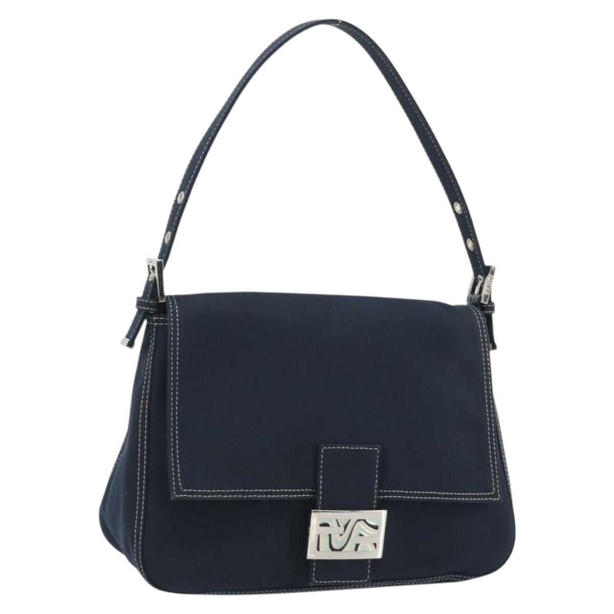 FENDI Mamma Baguette Shoulder Bag Canvas Navy Silver Auth 192731SV