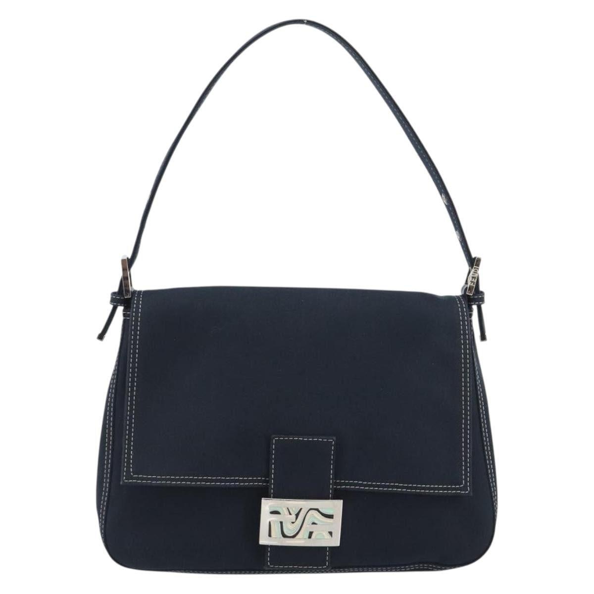 FENDI Mamma Baguette Shoulder Bag Canvas Navy Silver Auth 192731SV