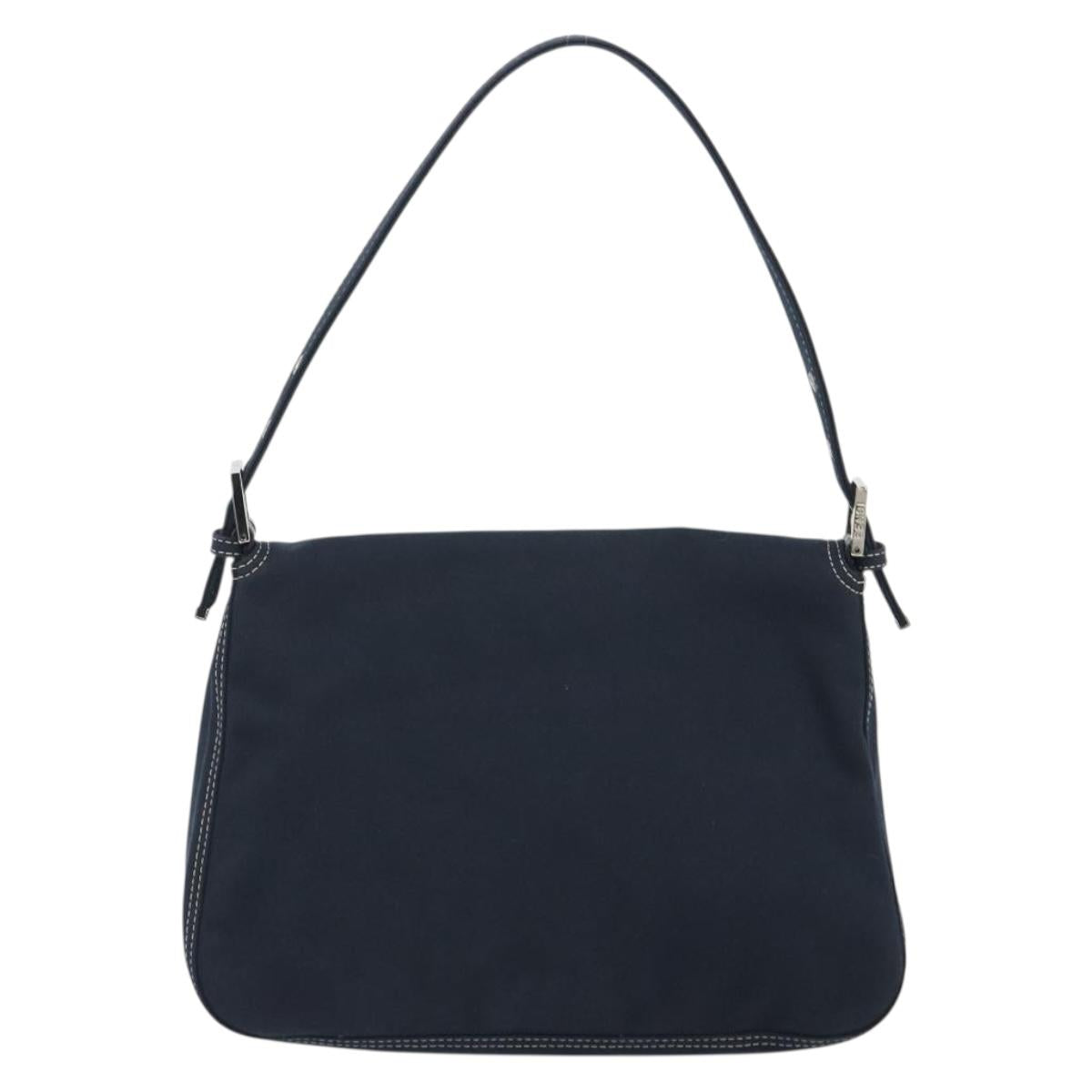 FENDI Mamma Baguette Shoulder Bag Canvas Navy Silver Auth 192731SV