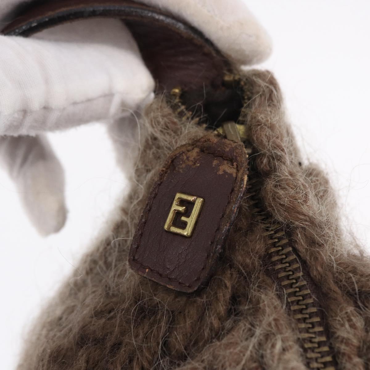 FENDI Shoulder Bag Wool Brown Gold Tone Auth 192733