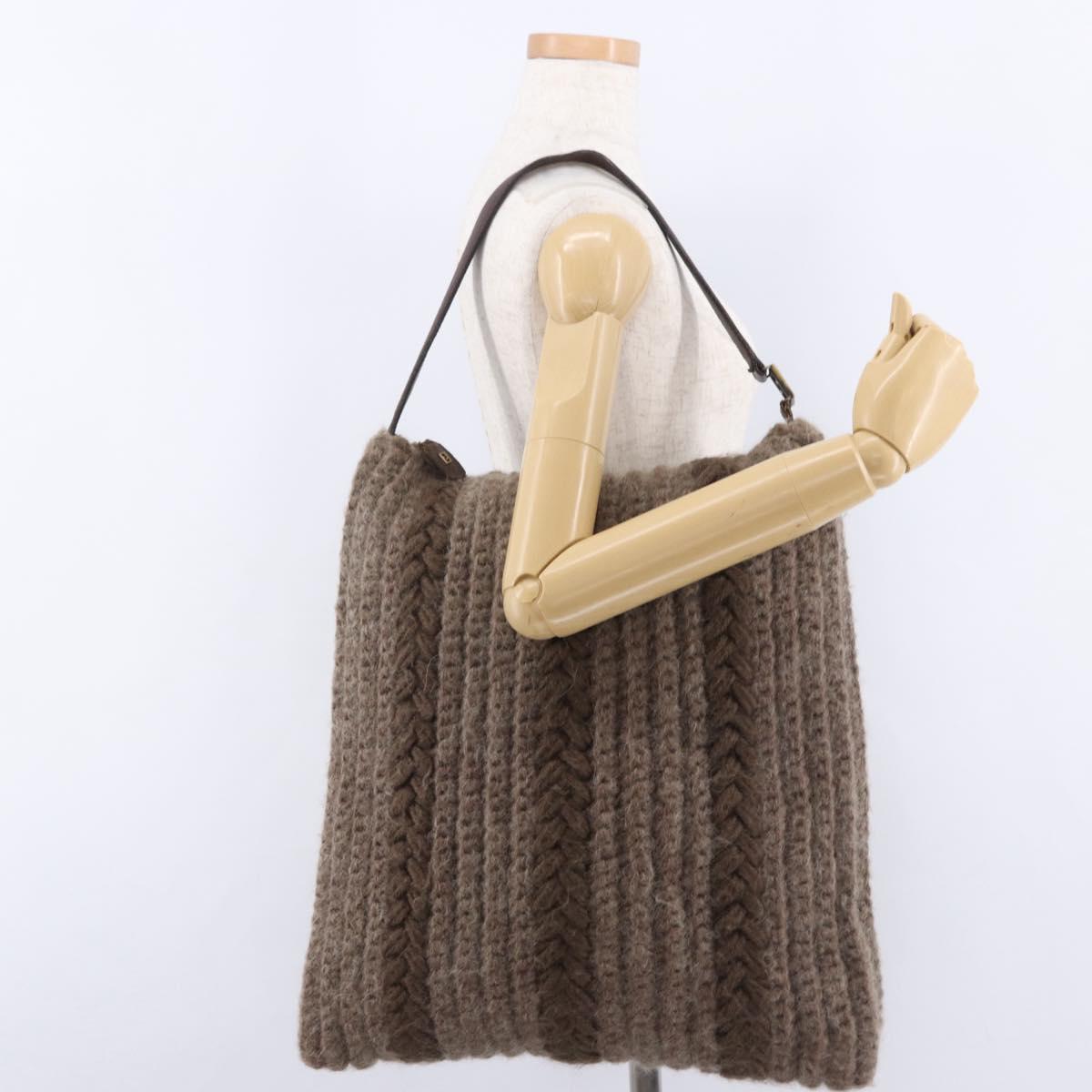 FENDI Shoulder Bag Wool Brown Gold Tone Auth 192733