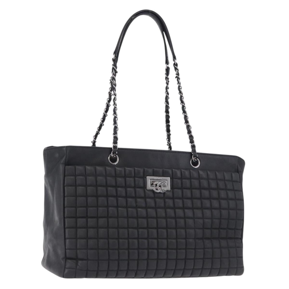 CHANEL Choco Bar Chain Shoulder Bag Lamb Skin Black Silver CC Auth 192736V