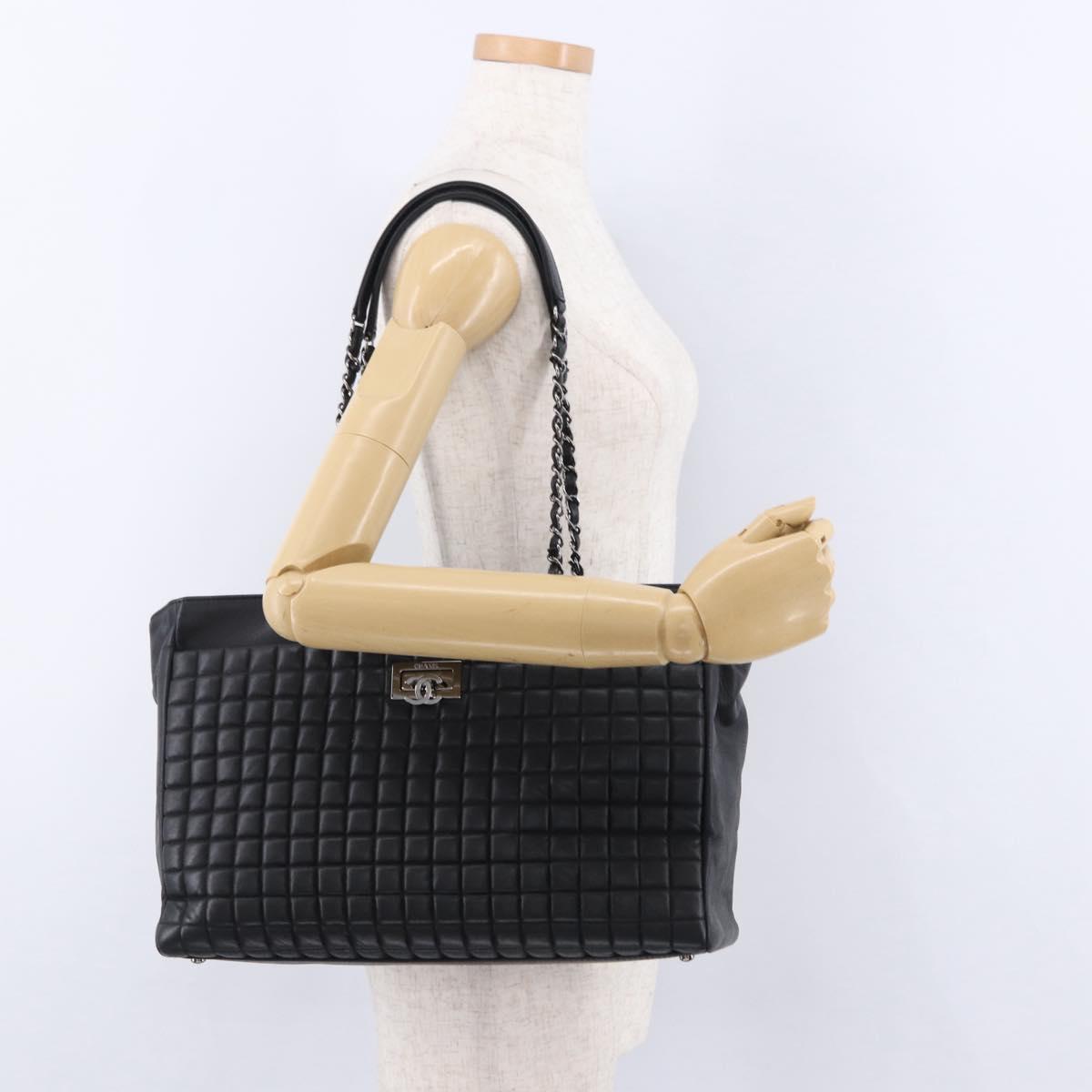CHANEL Choco Bar Chain Shoulder Bag Lamb Skin Black Silver CC Auth 192736V