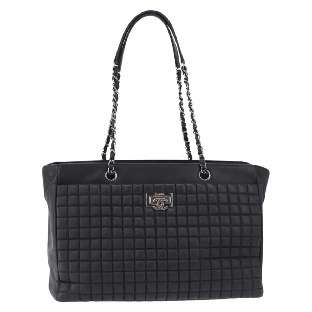 CHANEL Choco Bar Chain Shoulder Bag Lamb Skin Black Silver CC Auth 192736V