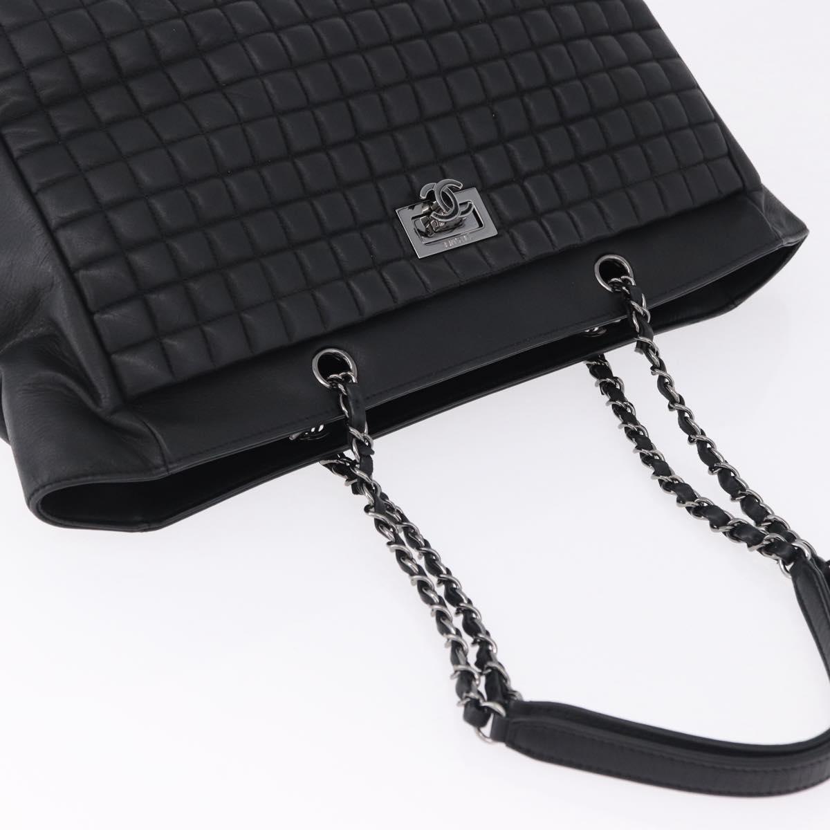 CHANEL Choco Bar Chain Shoulder Bag Lamb Skin Black Silver CC Auth 192736V