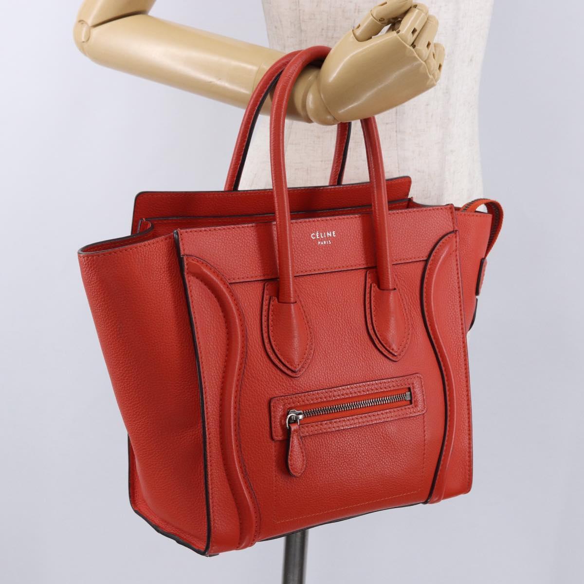 CELINE Luggage Micro Shopper Hand Bag Leather Red Silver Auth 192740A