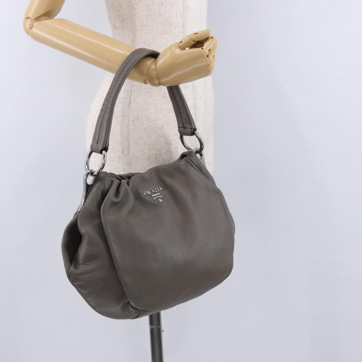 PRADA Shoulder Bag Leather Gray Silver Auth 192752A