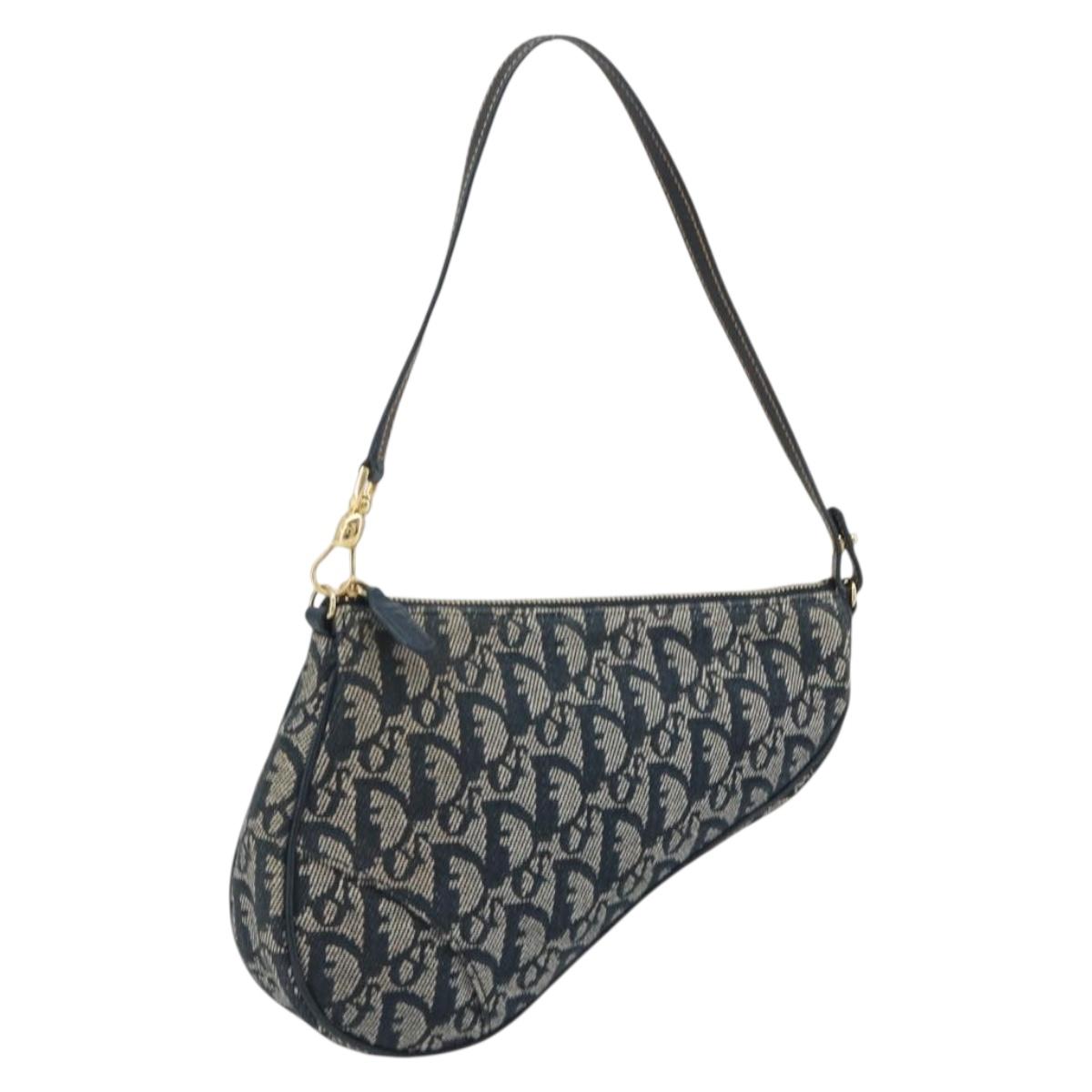 Christian Dior Trotter Canvas Saddle Pouch Navy Gold Auth 192762V
