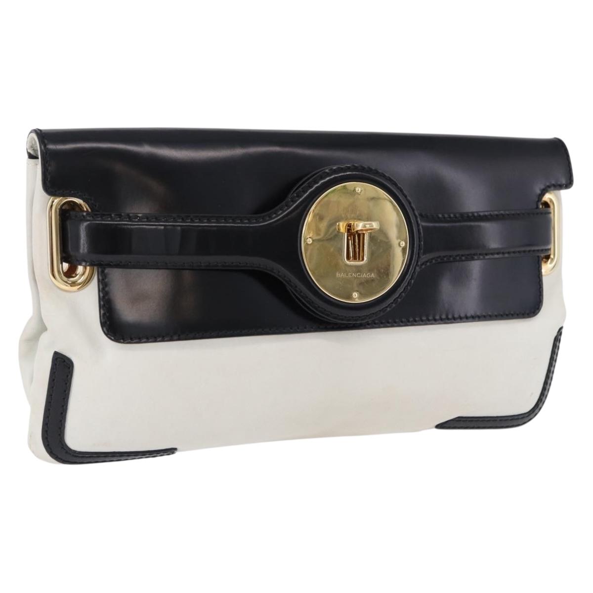 BALENCIAGA Clutch Bag Leather White Gold Tone 411542 Auth 192764